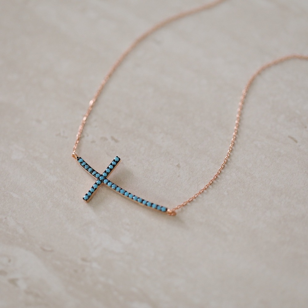 Turquoise Cross Necklace | 14k Rose Gold Plated - Picture 4 of 7